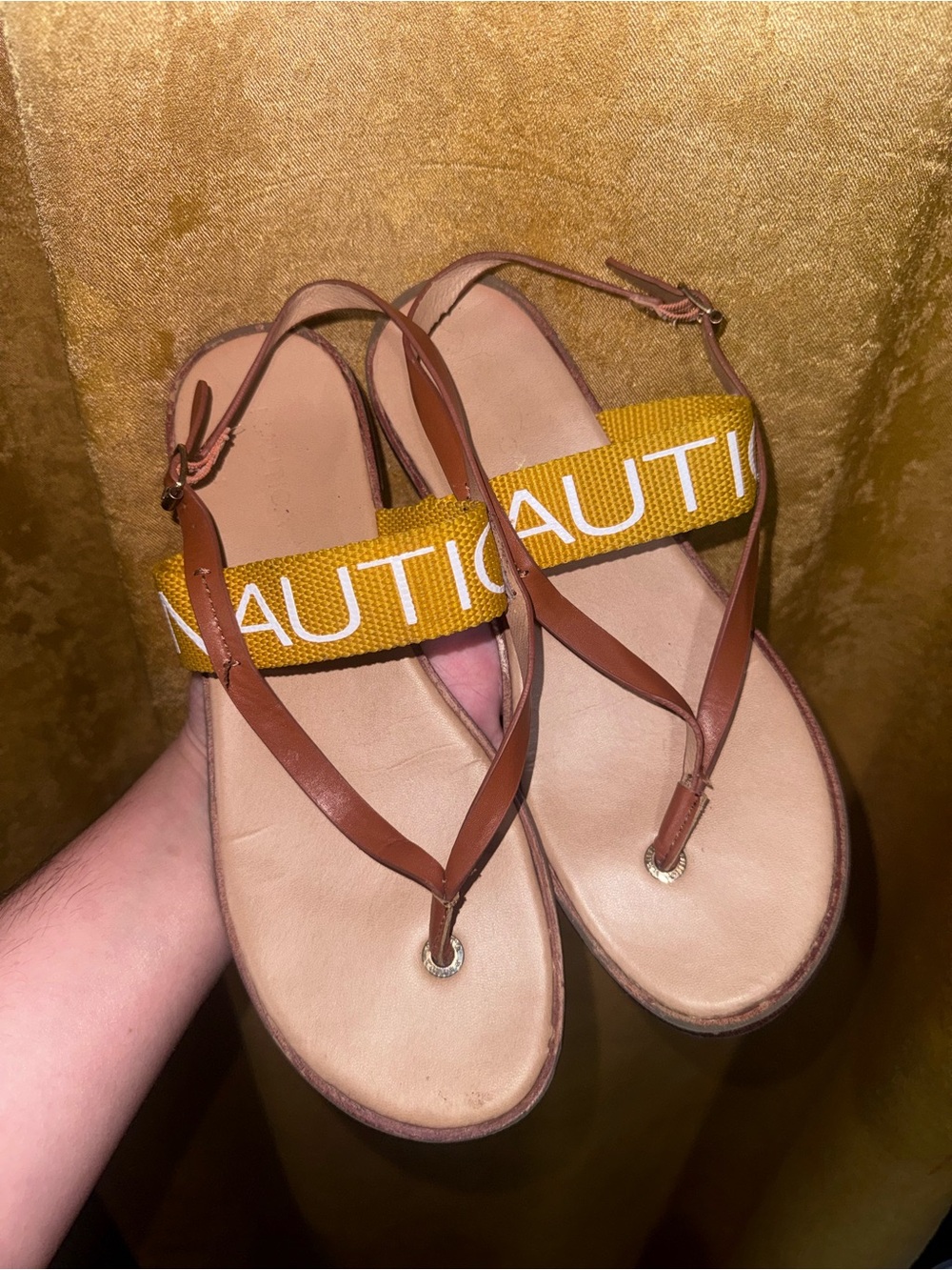 Nautica Brown Leather Sandals with Yellow Nautica Strap